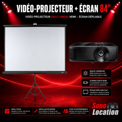 ensemble vidéo-projecteur avec écran dépliable. Idéal pour mariage, anniversaire et baptême.