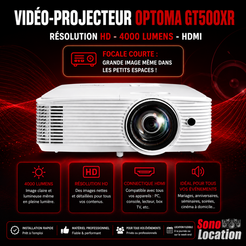 Location vidéo-projecteur puissant avec focale courte. Pour tous vos évènements privée ou professionnel.